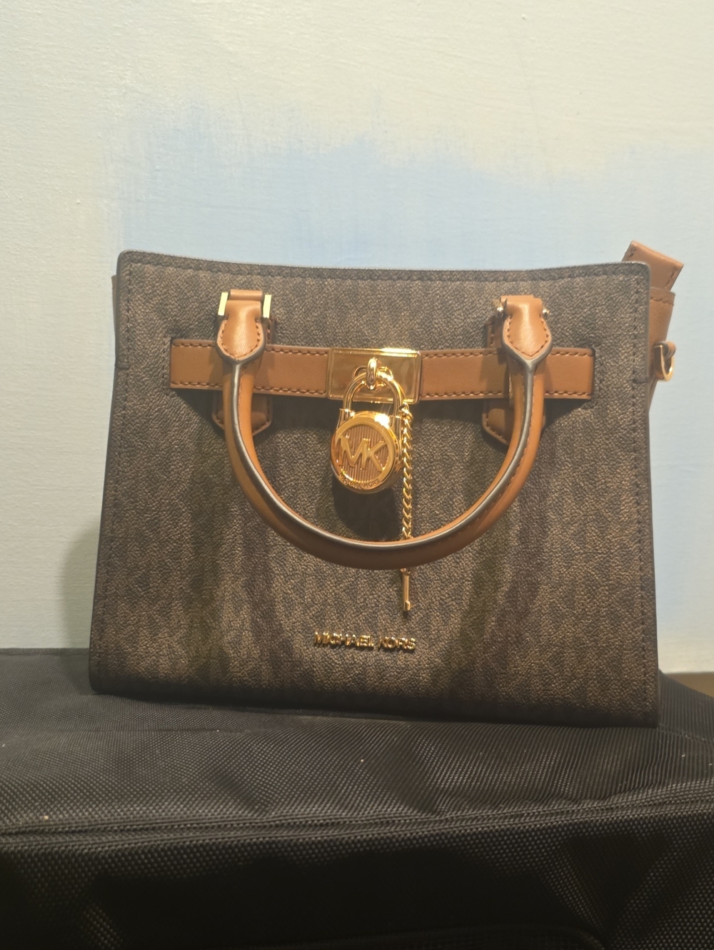 Michael Kors Brown and Tan Logo Satchel with Gold Hardware